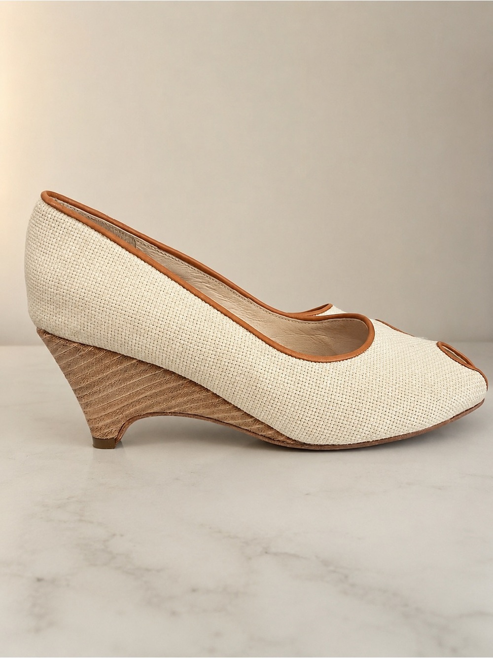 Classic Cream Wedge Pumps with Tan Trim - Leather